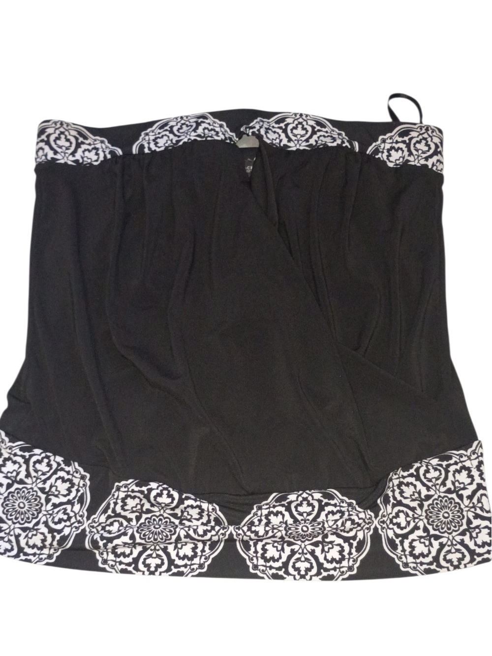 White House Black Market Black Strapless Crop Top with White Medallion Trim
